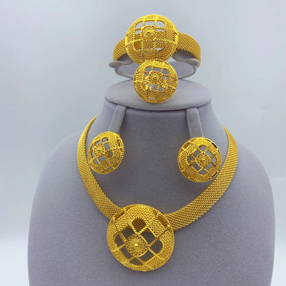 Dubai Women Wedding Gold Plated African Indian Round Necklace Earrings Jewelry Sets