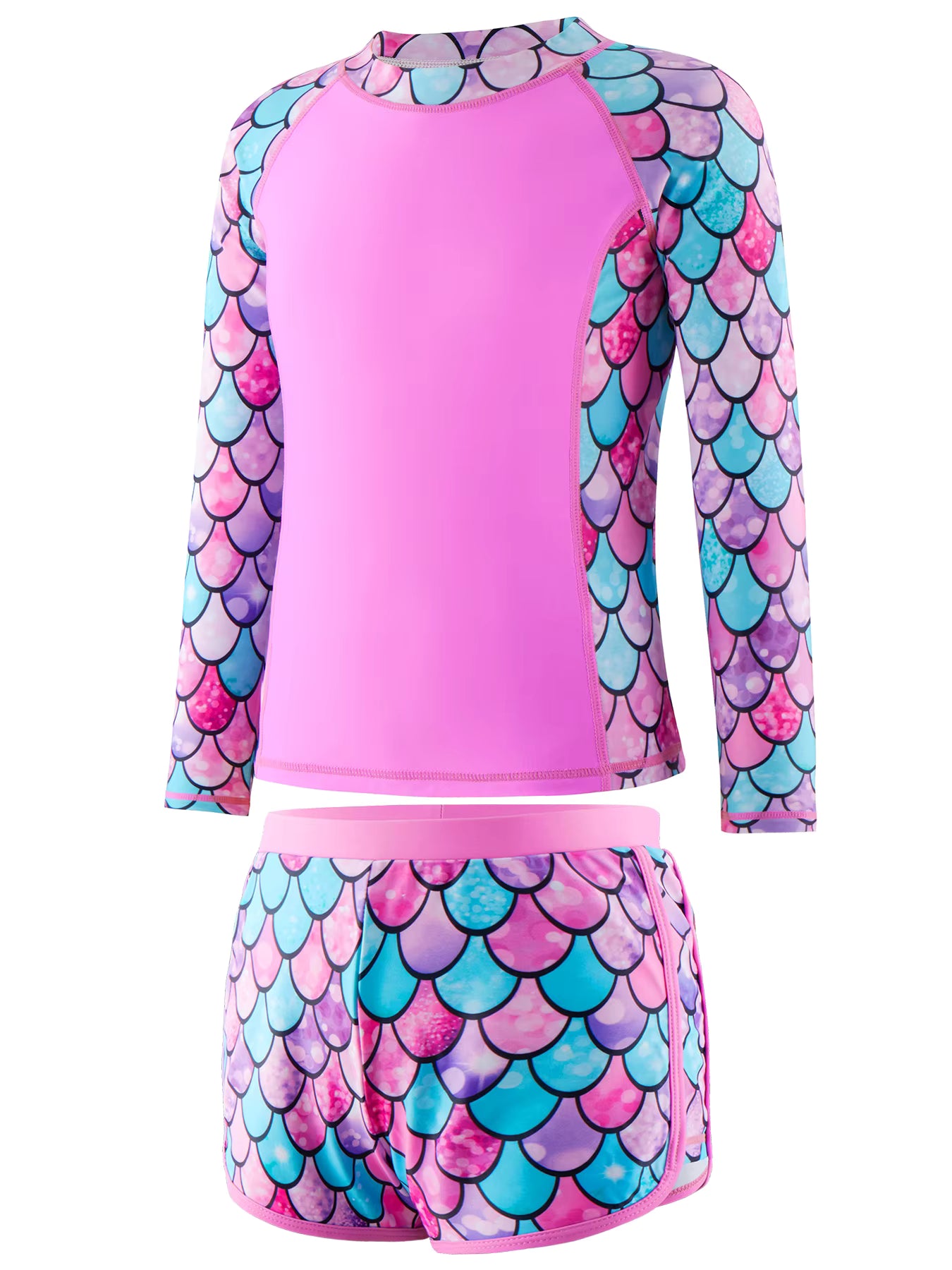 2pcs Kids Girls Long-Sleeved Scale Print Tops Boyleg Swim Shorts Swimwear Suit