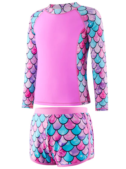 2pcs Kids Girls Long-Sleeved Scale Print Tops Boyleg Swim Shorts Swimwear Suit