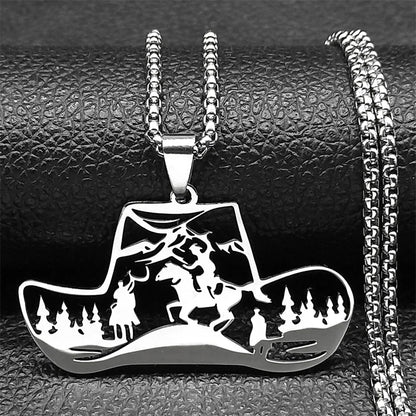 Horse Animal Western Cowboy Hat Tree Women Men Stainless Steel Silver Color Chain Necklace