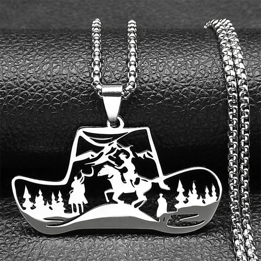 Horse Animal Western Cowboy Hat Tree Women Men Stainless Steel Silver Color Chain Necklace
