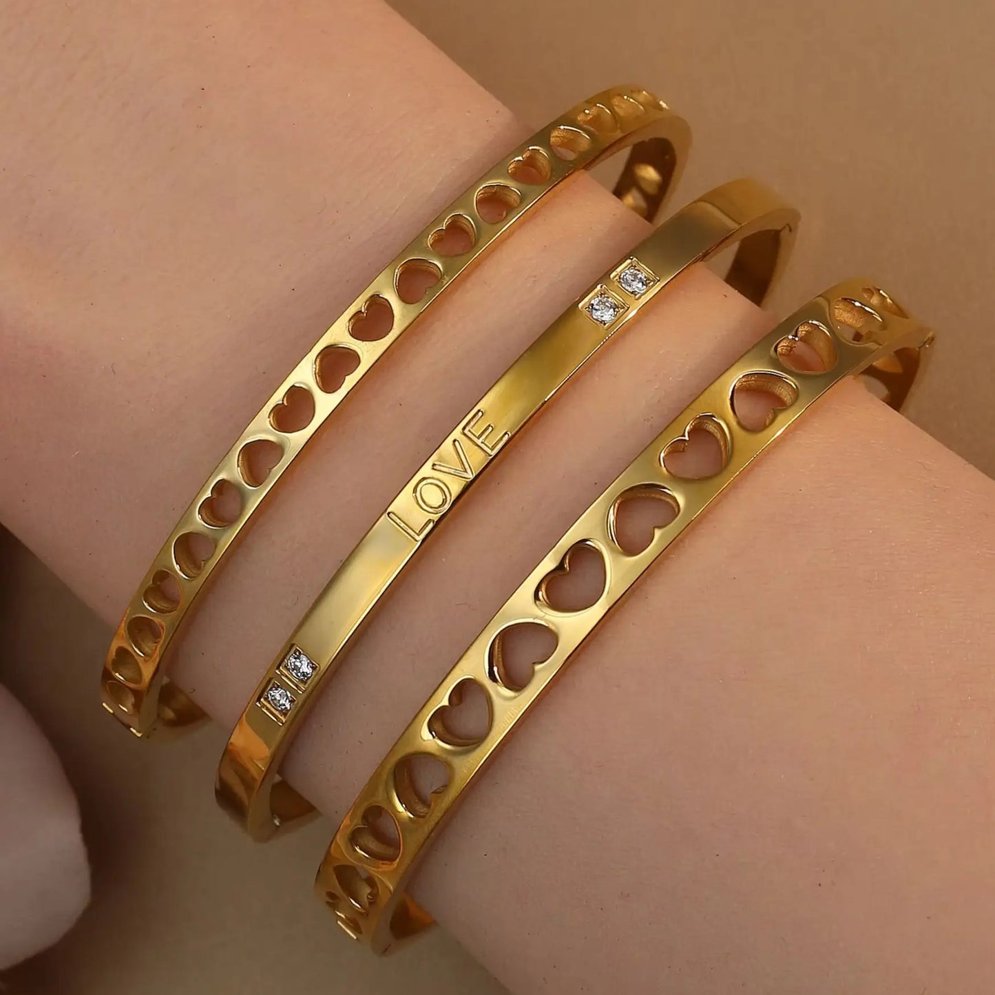 18K Gold-Plated LOVE Stainless Steel Zircon Openwork Bangle Bracelet Women's Jewelry