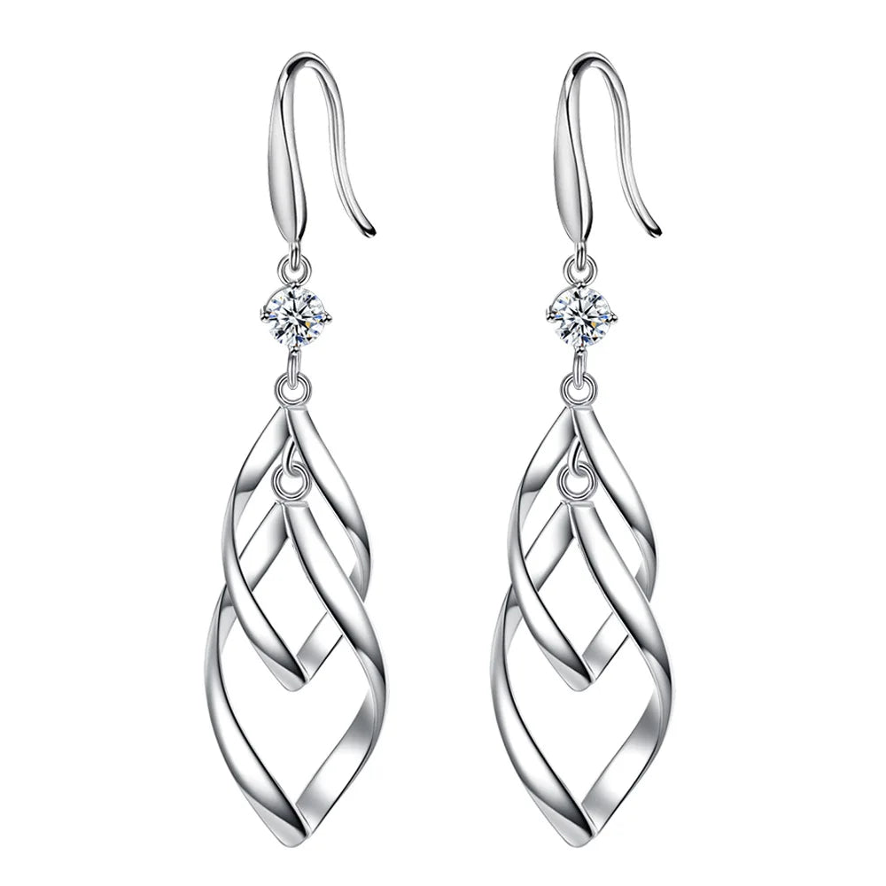 Solid 925 Sterling Silver Double Hollow Leaf Crystal Zircon Drop Earrings