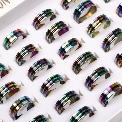 50Pcs/Lot Stainless Steel Colorful Stripe Fashion Classic Charm Rings