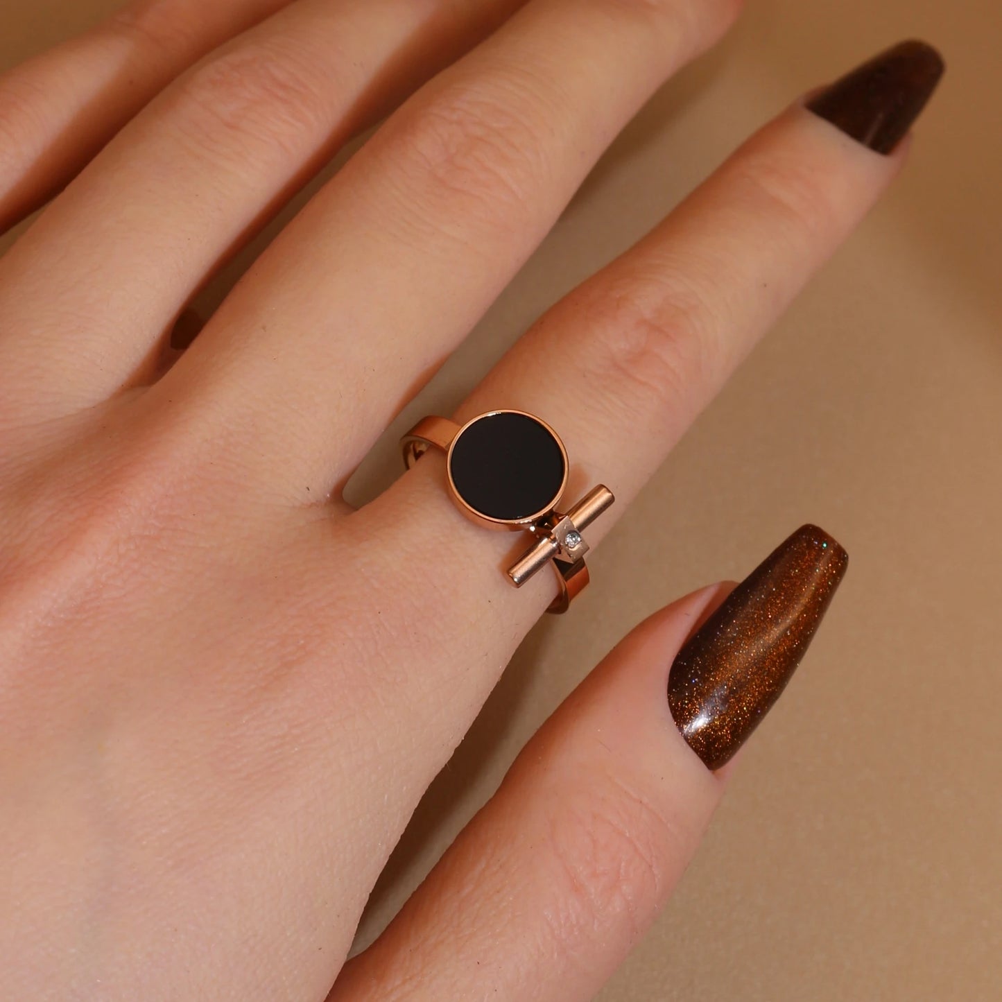 Women 2-In-1Black Acrylic Zirconia Stainless Steel Ring Bangle Bracelet Gifts Set