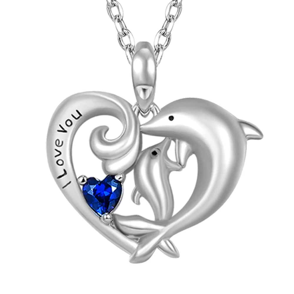 Women Creative Heart Shape Double Dolphin Blue Crystal Pendant Necklace