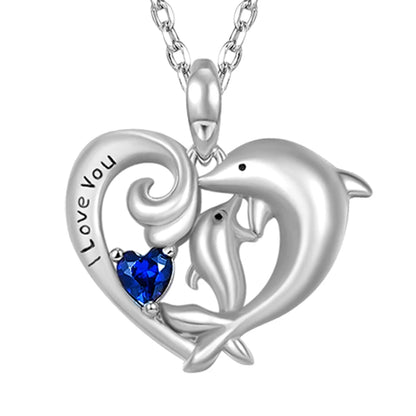 Women Creative Heart Shape Double Dolphin Blue Crystal Pendant Necklace