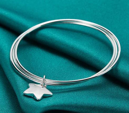 Women 925 Sterling Silver Three Circle Star Wedding Engagement Charm Bangle Bracelet