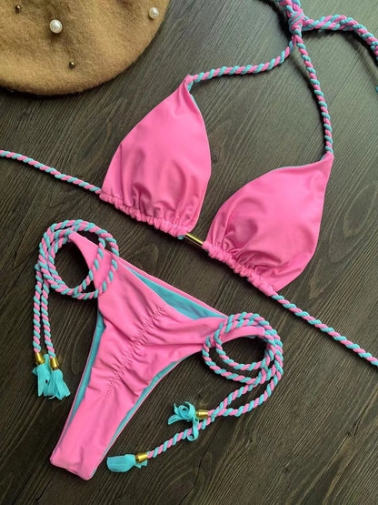 Sexy Beach Women's Swimsuit Braiding Rope Bikini Two-piece Triangle Swimwear Bathing Brazilian Suit