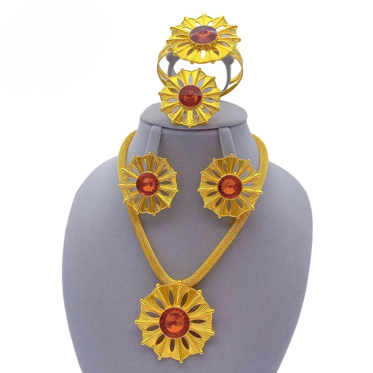 Dubai African Women 24K Gold Plated Indian Bridal Wedding Necklace Earrings Jewelry Set