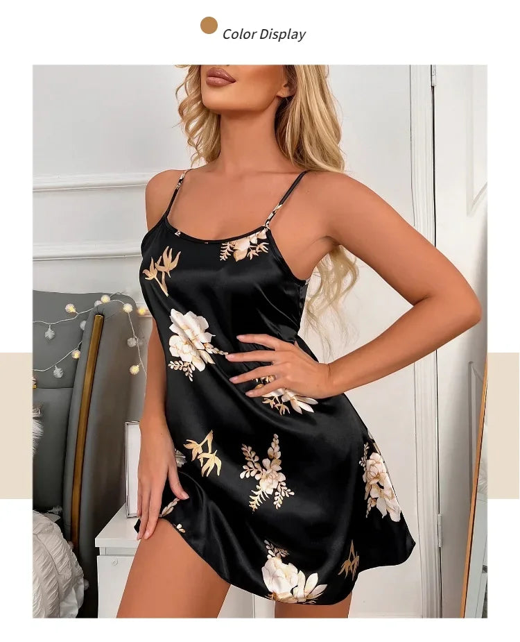 Women Nightwear Black Floral Print Nightdress Sleepwear Gowns