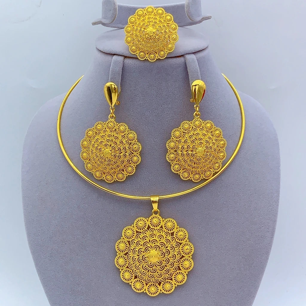 African Dubai 24k Gold Plated Women Ethiopian Indian Bridal Round Necklace Earrings Jewelry Set