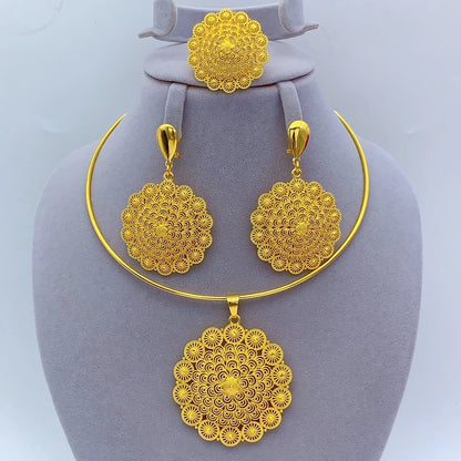 African Dubai 24k Gold Plated Women Ethiopian Indian Bridal Round Necklace Earrings Jewelry Set