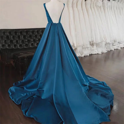 Women's Scoop Neck Sweep Train Prom Backless A-line Satin Long Formal Evening Party Dress w/ Pockets