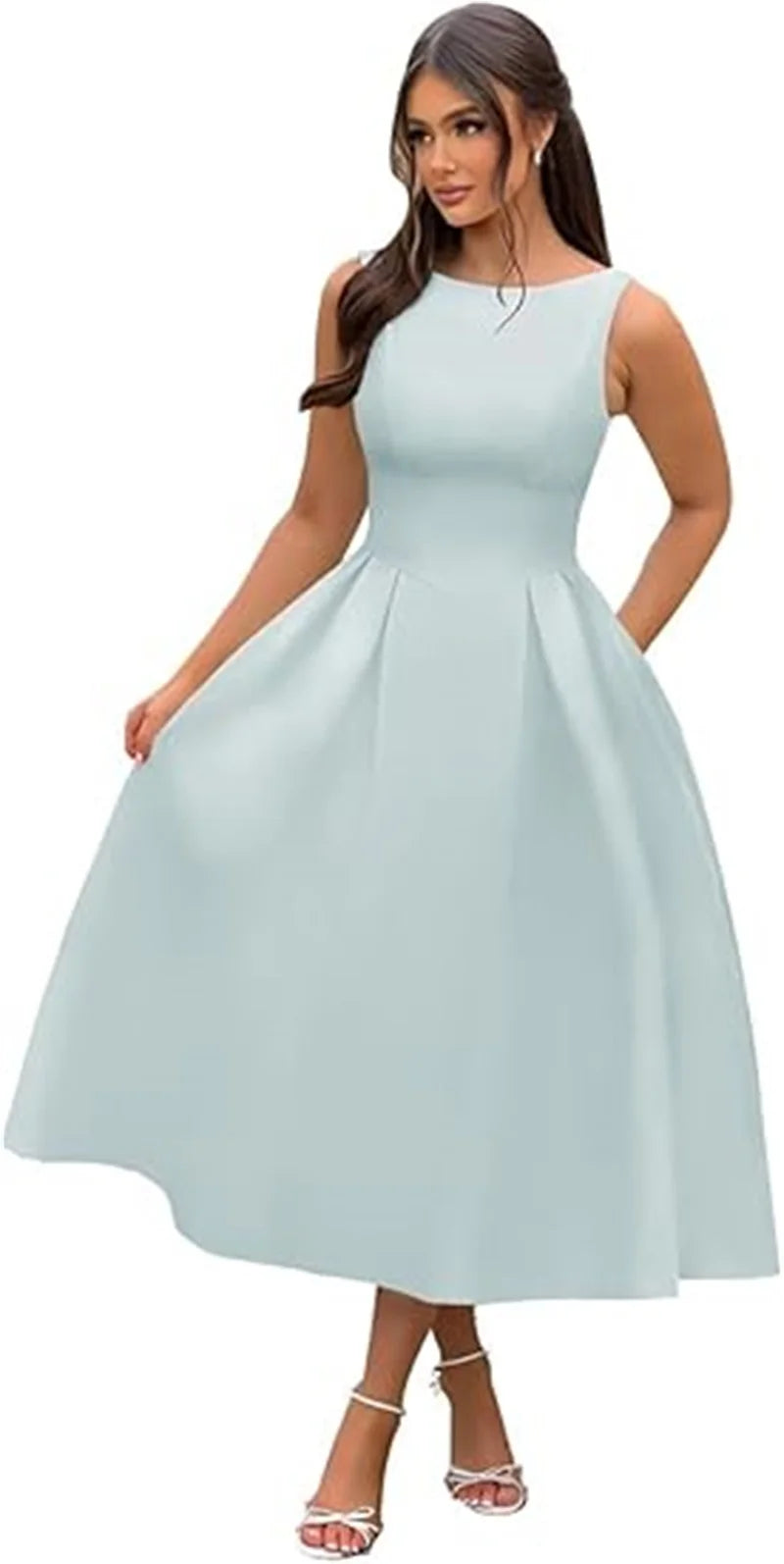Simple Elegant O-Neck Satin Midi Prom Tea Length Backless A Line Formal Evening Party Bridal Dress w/ Pockets