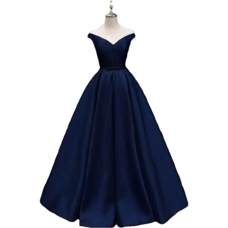 Off-Shoulder A-Line Satin Formal Women Prom Long Evening Party Gown Dress w/ Pockets