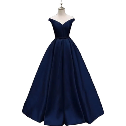 Off-Shoulder A-Line Satin Formal Women Prom Long Evening Party Gown Dress w/ Pockets