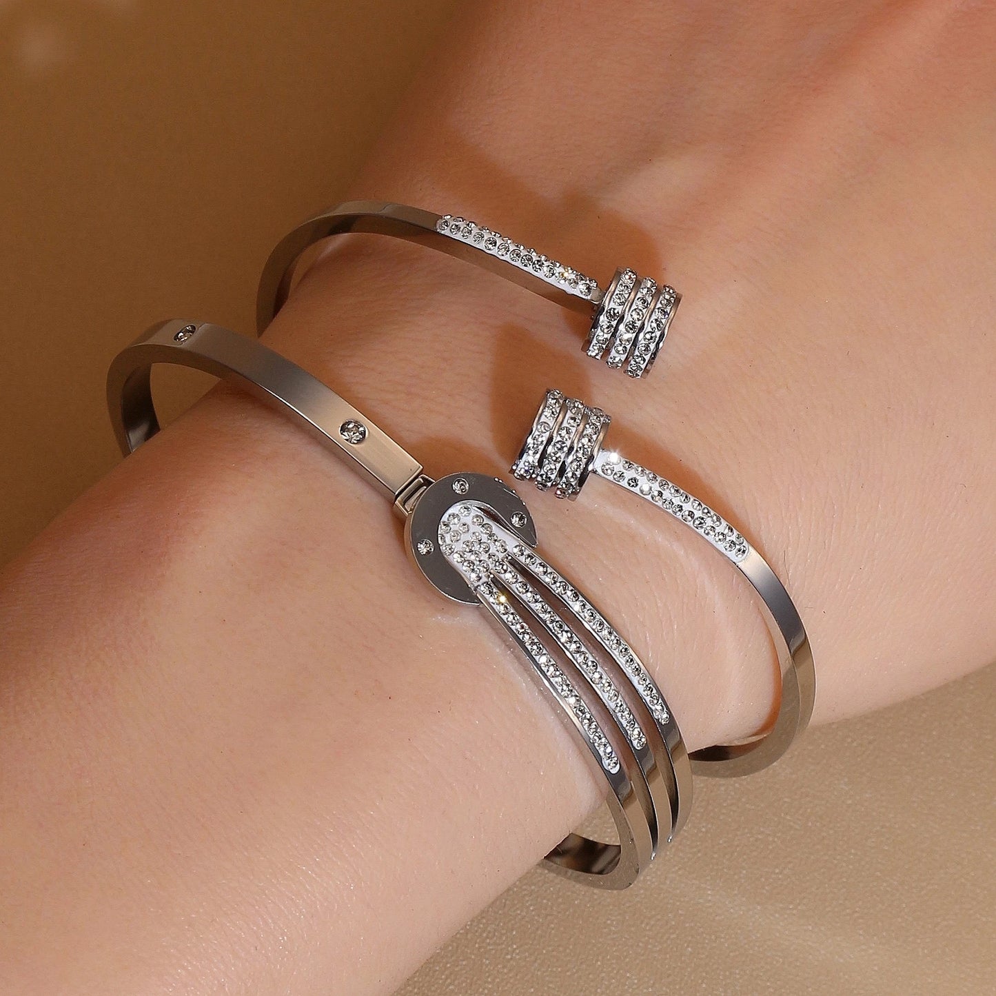 Women 18k Gold Plated Crystal Hollow Open Stainless Steel Bracelet