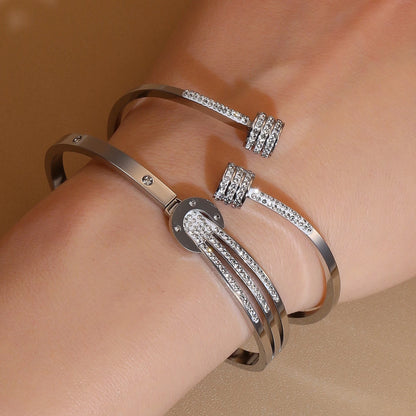 Women 18k Gold Plated Crystal Hollow Open Stainless Steel Bracelet