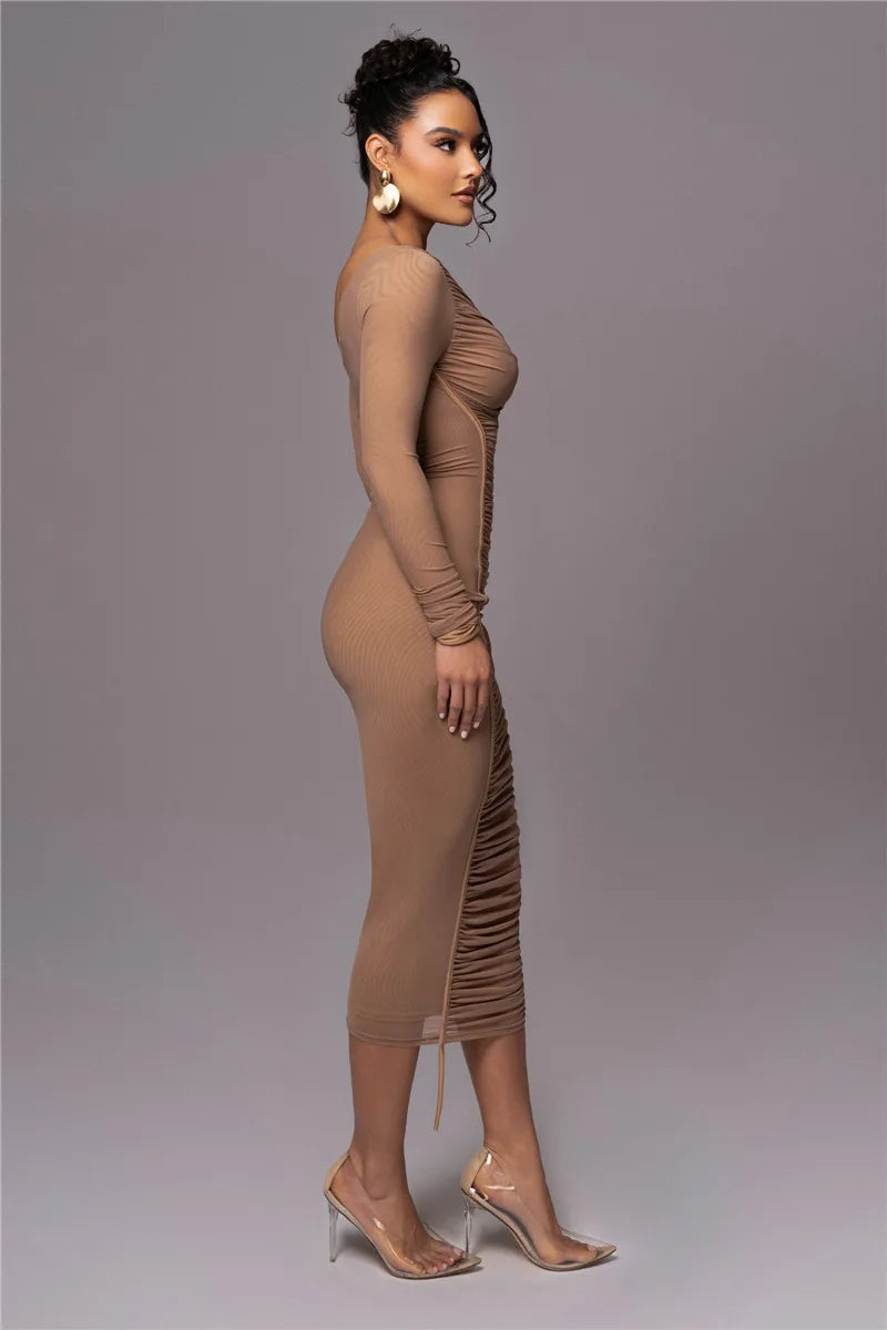 Sexy Diagonal Collar Long Sleeve Midi Two Layer Mesh Backless Ruched Bodycon Club Party Maxi Dress