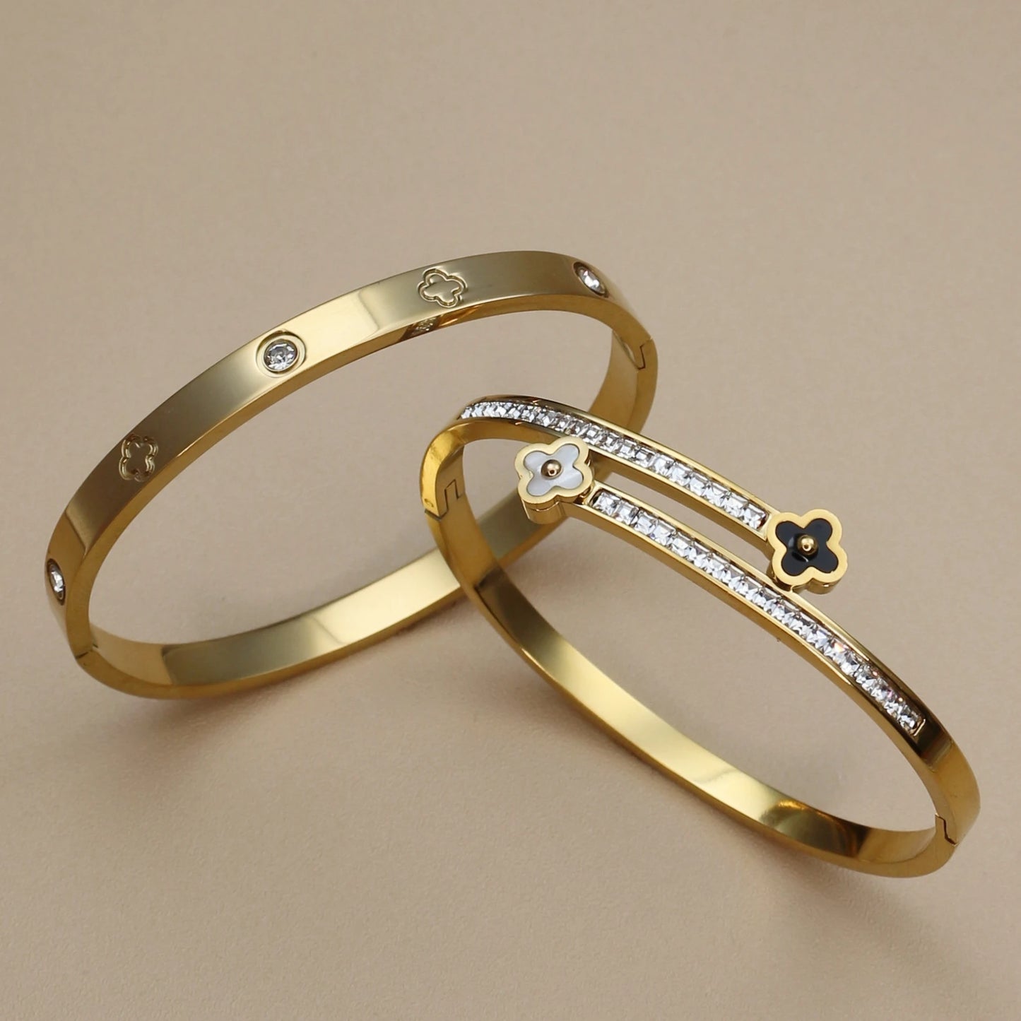 Stainless Steel Bangle Four-leaf Clover Crystal Design Stacking Bracelet Bangle