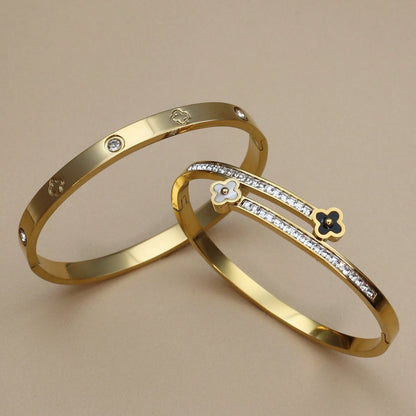 Stainless Steel Bangle Four-leaf Clover Crystal Design Stacking Bracelet Bangle