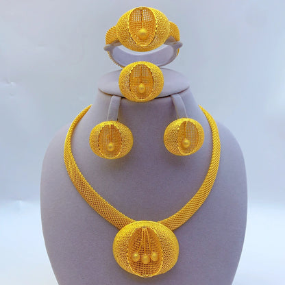 African Indian 24K Gold Plated Women Dubai Wedding Necklace Earrings Bracelets Ring Jewelry Sets