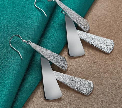 Women 925 Sterling Silver Frosted Long Geometric Charm Fashion Wedding Engagement Drop Earrings