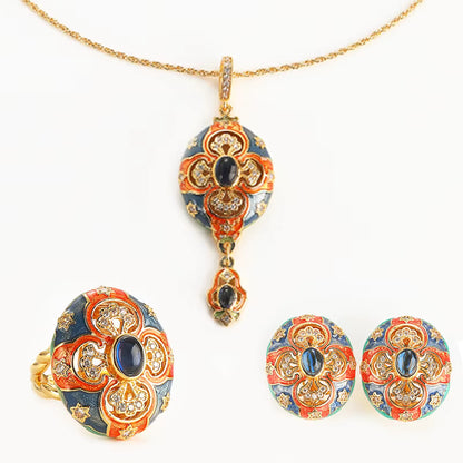 Women Hollowed Out Carvings Oval Enamel Dubai Gold Color Petal Pendant Necklace Earrings Rings
