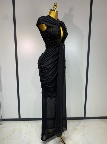 Sexy Sleeveless O-Neck Cut Out Bodycon Mesh Long Dress Celebrity Evening Party Club Dress