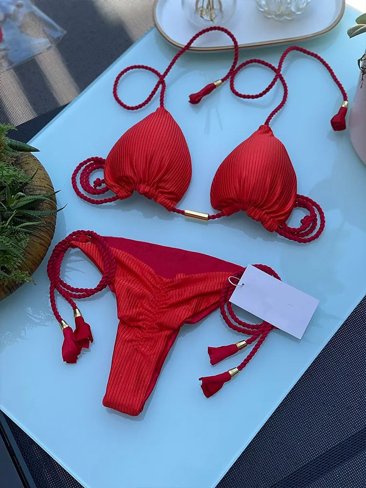 Woman Sexy Bathing Solid Triangle Adjustable Bandage Bikini Swimwear Swimsuit Beachwear