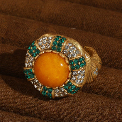Vintage Round Yellow Stone Women White Green Rhinestone Luxury Designers Ring