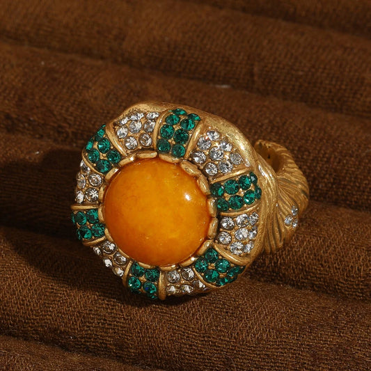 Vintage Round Yellow Stone Women White Green Rhinestone Luxury Designers Ring