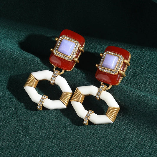 Vintage Geometric White Red Purple Lips Dangle Antique Square Rhinestones Gold Color Earrings