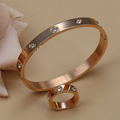 2-in-1 Women 18K Gold-Plated Stainless Steel Bracelet Ring Jewelry Set.