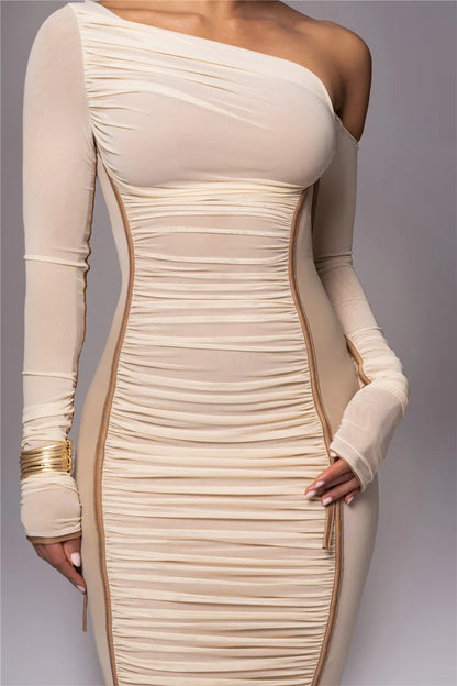 Sexy Diagonal Collar Long Sleeve Midi Two Layer Mesh Backless Ruched Bodycon Club Party Maxi Dress