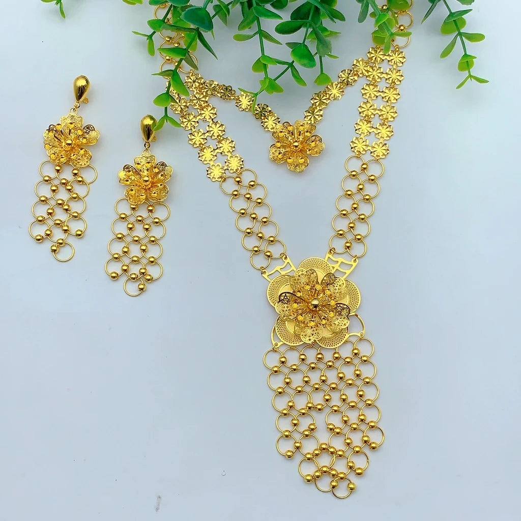 Italian Long Flower Women Bridal Indian Dubai Gold Color Necklace Earrings Sets