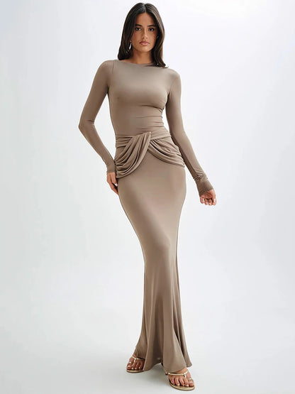 Women Diagonal Collar Long Sleeve Maxi Solid High Waist Ruched Bodycon Long Dress