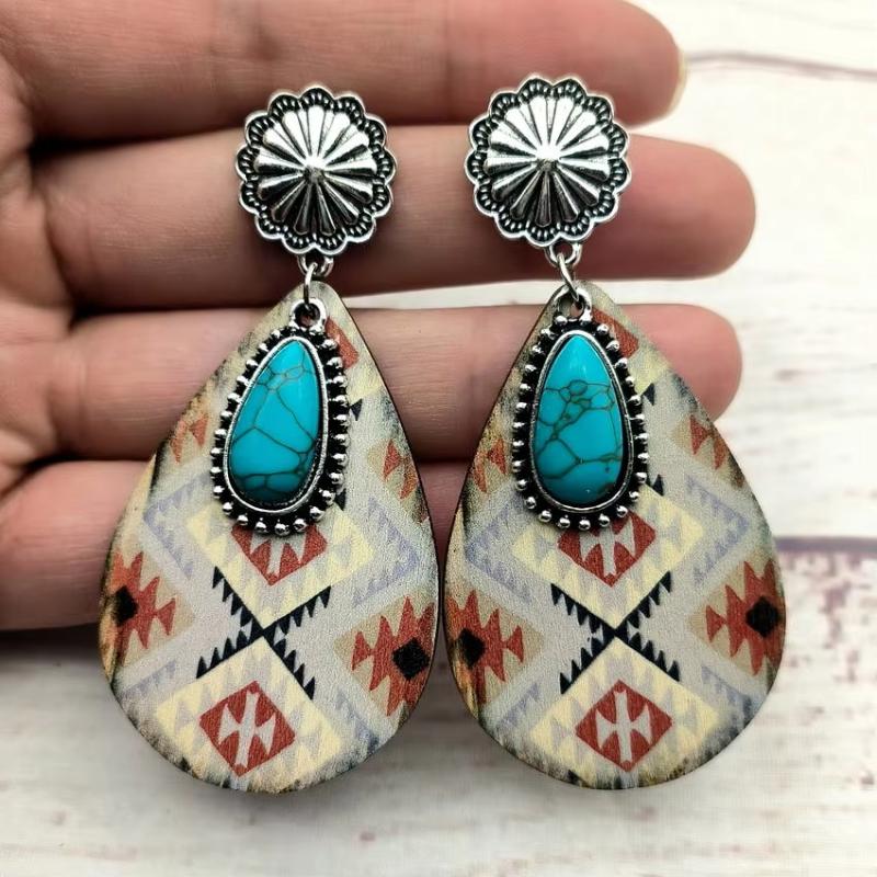 Women Turquoise Teardrop Wooden Aztec Teardrop Earrings