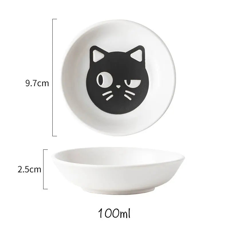 Ceramic Cartoon Cat Japanese Soy Sauce Vinegar Roast Meat Dip Round Snack Plate Bowl Dishes