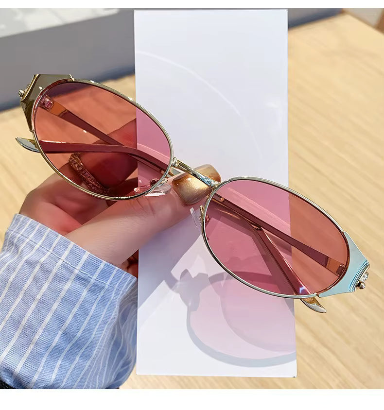 Women Metal Frame Oval Shades Fashion Designer Sunglasses Glasses