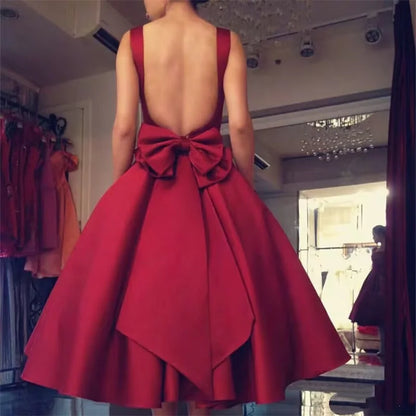 Women's Square Neck Satin Prom Bow A Line Backless Tea Length Formal Evening Party Dress w/ Pockets