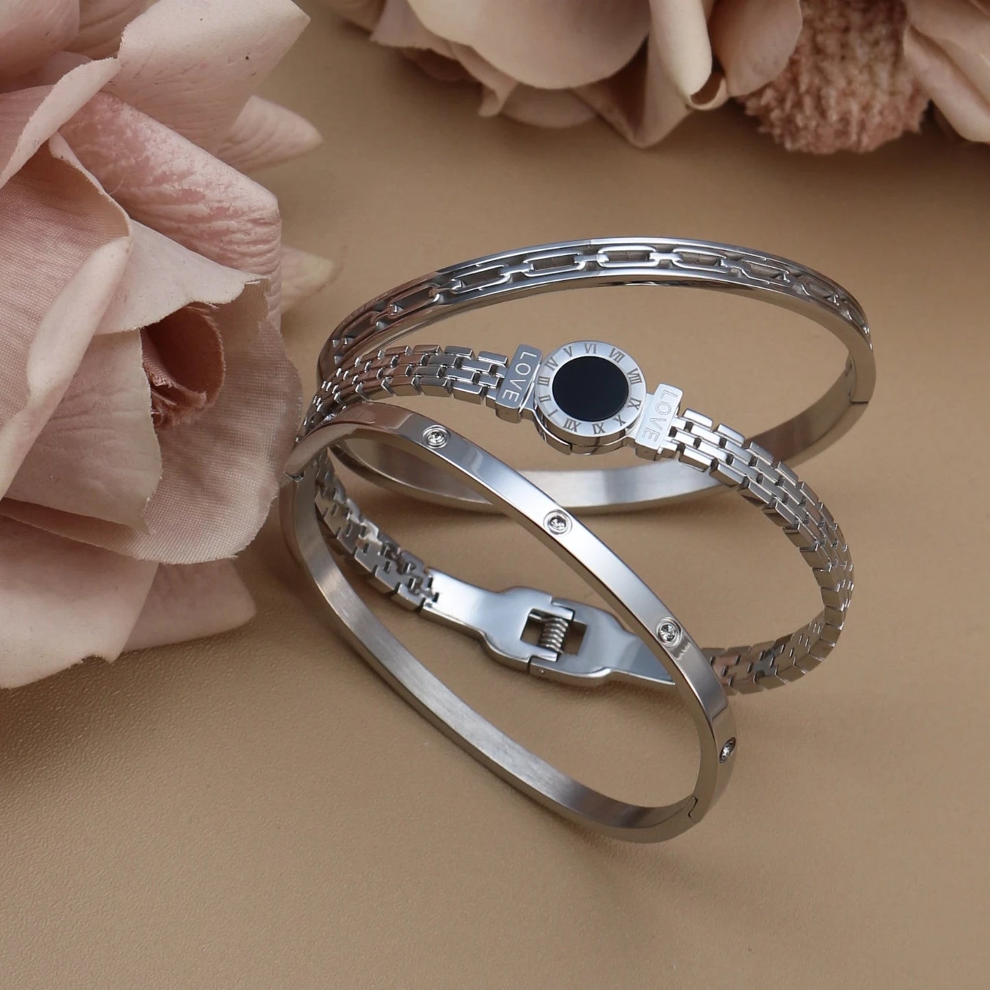 Stainless Steel Zircon Roman Numeral Chain Design Women Bracelet Bangle