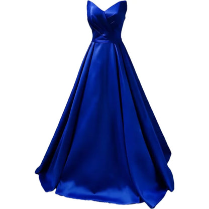 Women Strapless Simple Satin A Line Evening Party Formal Gown Corset Pleat Sweetheart Long Prom Dress w/Pocket
