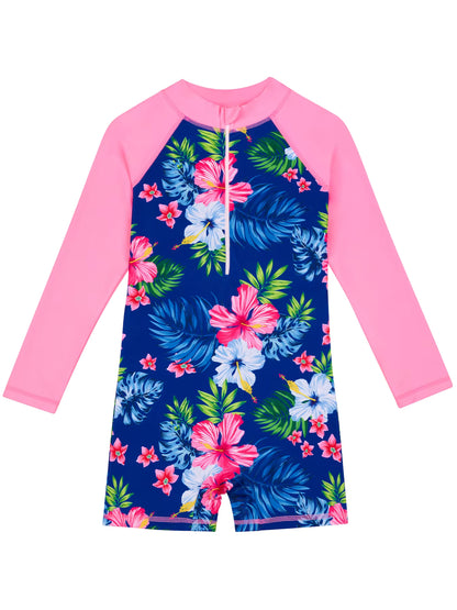 Girls Kids One-Piece Long Sleeve Plants Print Beach Boyleg Shorts Design Swimsuit