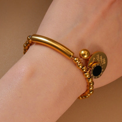 Luxury Women Roman Numeral Bead 18K Gold-Plated Stainless Steel Bangle Bracelet