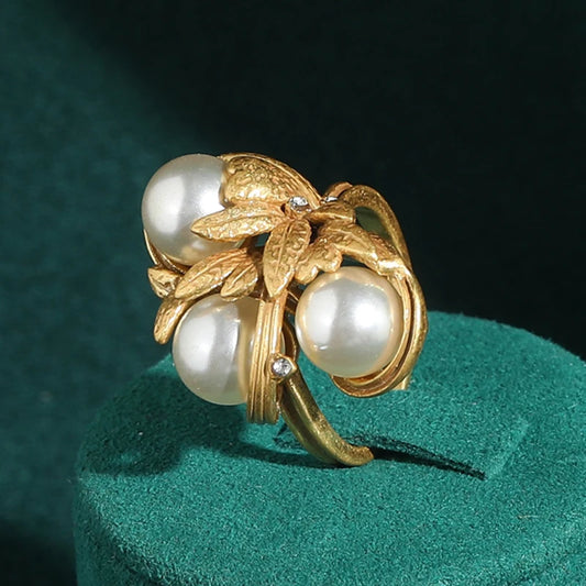 Women Vintage Pearl Adjustable Antique Gold Color Leaves Designer Ring