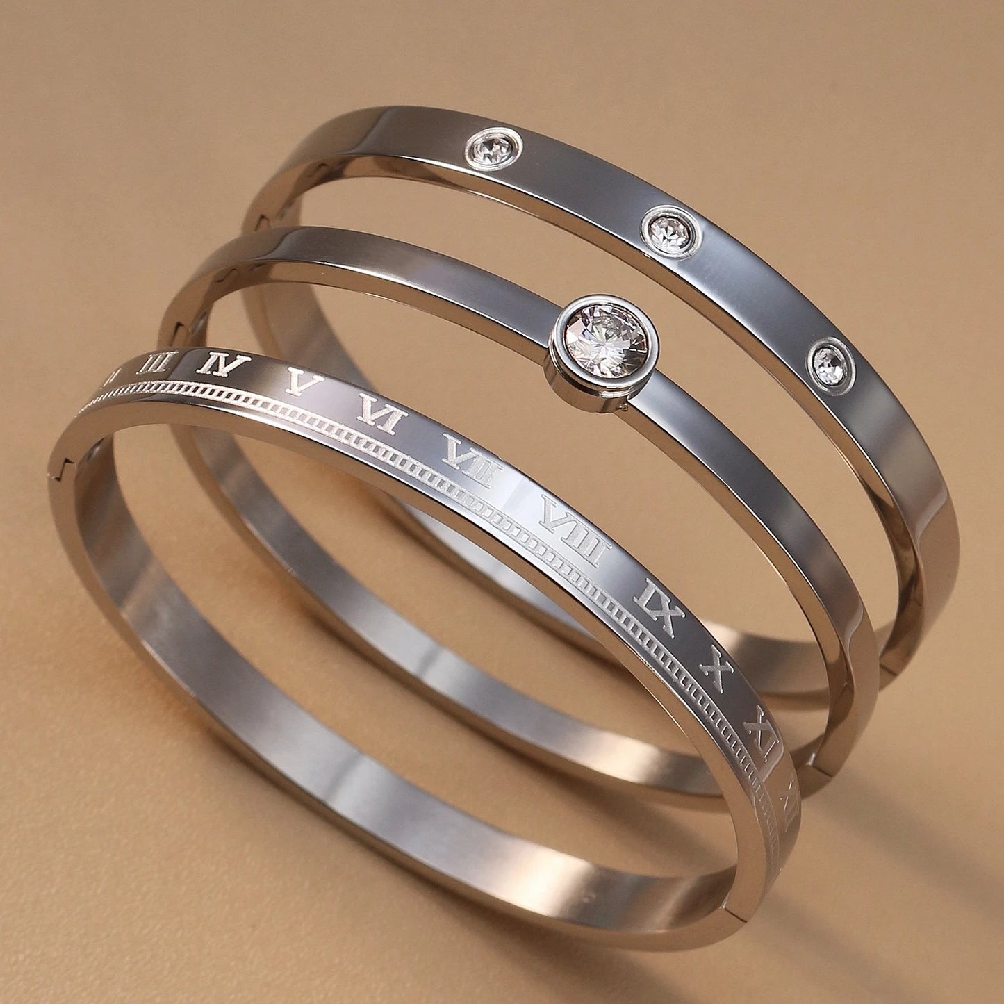 Women Roman Numeral 18k Gold Color Stainless Steel Zircon Bracelet Bangles