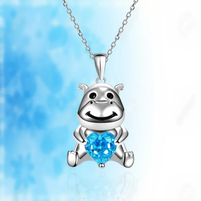 Cute Cartoon Creative Holding Heart Blue Crystal Hippo Pendant Necklace