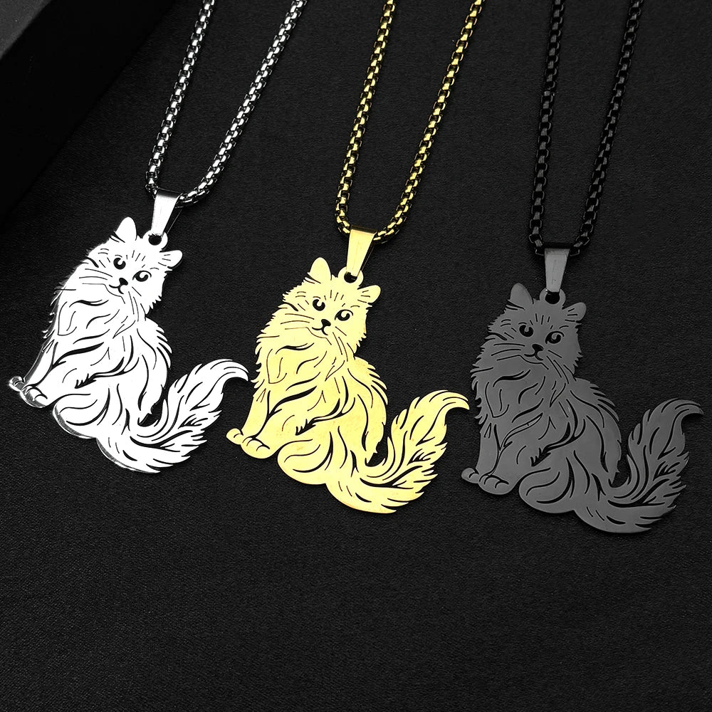 Women Men Stainless Steel Silver Color Kitty Cat Animal Ragdoll Clavicle Chain Necklace